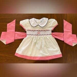 TBBC Cream and Pink Bow Dress Smocked with Peterpan Collar 6-12m